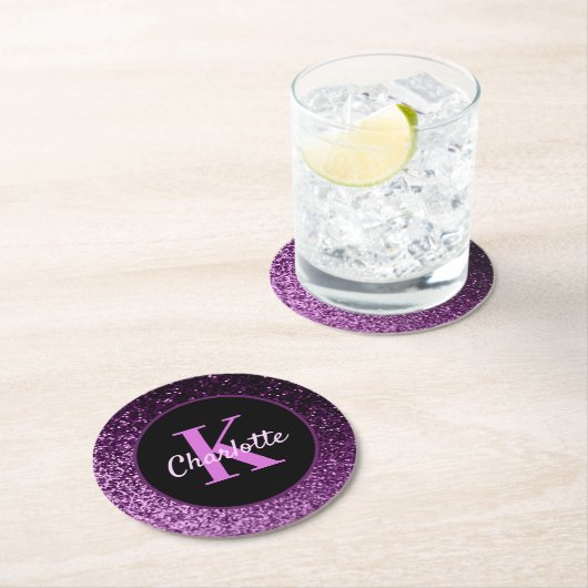 Dessous-de-verre Rond En Papier Nom monogramme de la parties scintillant rose pour (En situation)