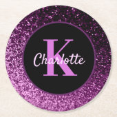Dessous-de-verre Rond En Papier Nom monogramme pailleté rose violet (Devant)