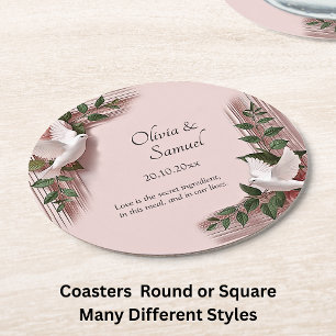 Dessous-de-verre Rond En Papier Noms Date Message Roses Roses & Colombes Mariage