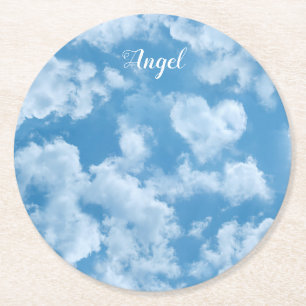 Dessous-de-verre Rond En Papier Nuage de cœur ciel Mignon Amusant Moderne Bleu Nom