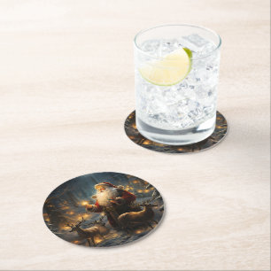 Dessous-de-verre Rond En Papier Nuit de Noël de Santa dans une forêt enneigée