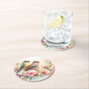 Dessous-de-verre Rond En Papier Oiseaux de l'amour doux pastel de printemps Fleurs