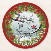 Dessous-de-verre Rond En Papier Oiseaux Personnalisés En Aiguilles À Pins De Neige (Devant)