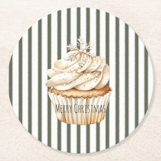 Dessous-de-verre Rond En Papier Olive Cream Stripes Snowflake Cupcake Christmas (Devant)