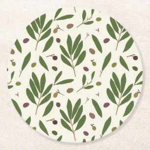 Dessous-de-verre Rond En Papier Olives minimalistes et branches - motif sans soudu