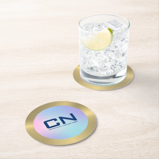 Dessous-de-verre Rond En Papier Or rose et bleu sombre (En situation)