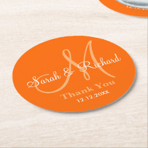 Dessous-de-verre Rond En Papier Orange de Merci de mariage de monogramme
