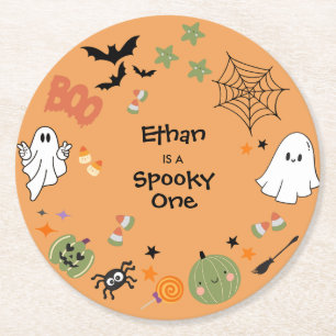 Dessous-de-verre Rond En Papier Orange Éffrayant One mignonne Halloween 1er Annive