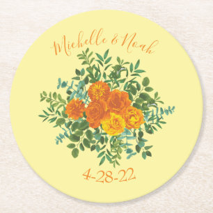 Dessous-de-verre Rond En Papier Orange & Jaune clair Peony & Rose Floral Mariage