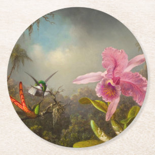 Dessous-de-verre Rond En Papier Orchidée avec deux colibris Heade