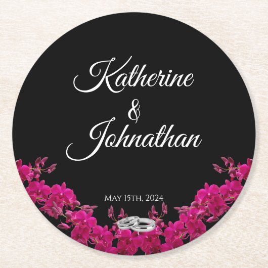 Dessous-de-verre Rond En Papier Orchidées Fuchsia sur Mariage noir (Devant)