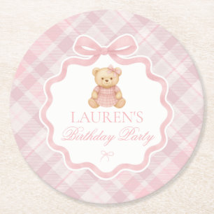 Dessous-de-verre Rond En Papier Ours à nœud papillon rose Plaid Anniversaire 