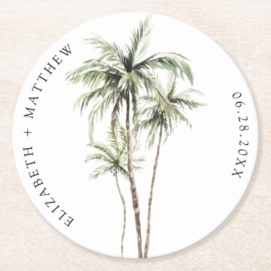 Dessous-de-verre Rond En Papier Palm Tree Tropical | Mariage minimal (Devant)