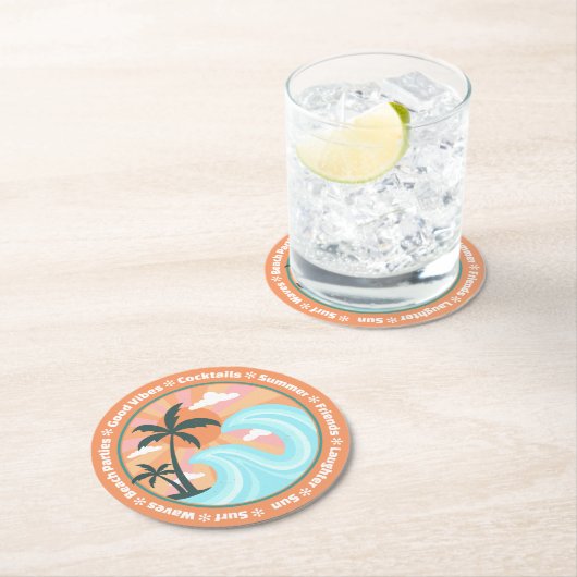 Dessous-de-verre Rond En Papier Palmiers tropicaux Hawaiian Island Good Vibes (En situation)