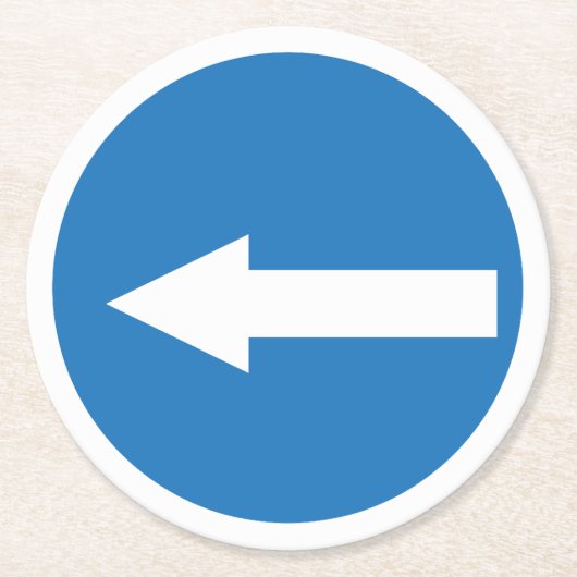 Dessous-de-verre Rond En Papier Panneau de direction Flèche gauche bleue | Dessous (Devant)