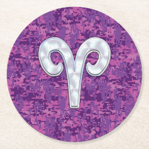 Dessous-de-verre Rond En Papier Panneau Zodiac Pearl Aries sur Décor Camo numériqu