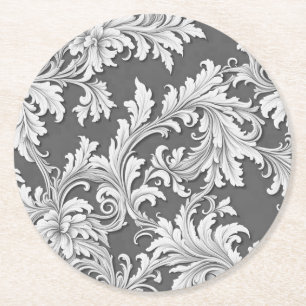 Dessous-de-verre Rond En Papier Papier Dessous de verre Damas Design Gris noir et