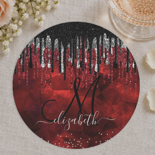 Dessous-de-verre Rond En Papier Papier monogramme avec gouttes de paillettes noir