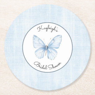 Dessous-de-verre Rond En Papier Papillon Bleu Bébé Faux Lin Douche de Mariée