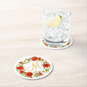 Dessous-de-verre Rond En Papier Papillons rouges Marguerites jaunes blancs Fleur W