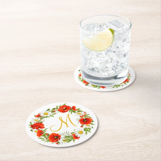 Dessous-de-verre Rond En Papier Papillons rouges Marguerites jaunes blancs Fleur W (En situation)