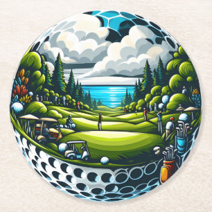 Dessous-de-verre Rond En Papier Parcours de golf pittoresque avec joueurs et chari