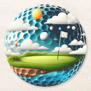 Dessous-de-verre Rond En Papier Parcours de golf surréaliste dans un monde de ball