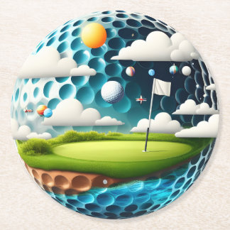 Dessous-de-verre Rond En Papier Parcours de golf surréaliste dans un monde de ball