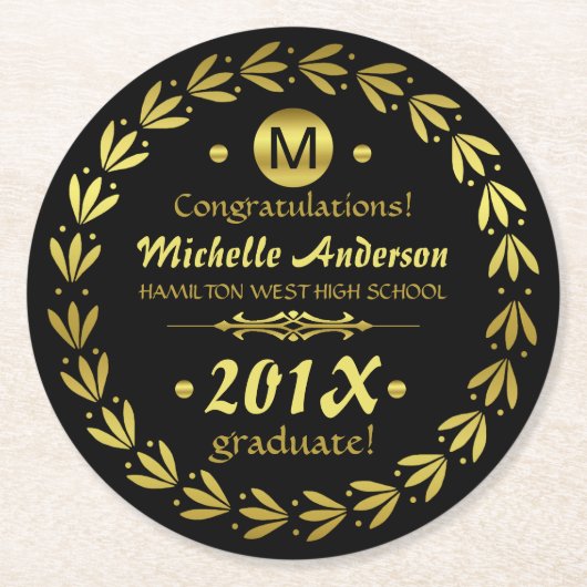Dessous-de-verre Rond En Papier Parti des diplômés 2023 | Wreath Gold Laurel (Devant)