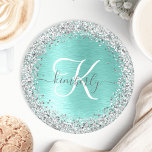 Dessous-de-verre Rond En Papier Parties scintillant argentée turquoise en métal br<br><div class="desc">Personnalisez facilement ce design dessous de verre chic branché avec une jolie parties scintillant brillante en argent sur un arrière - plan métallique brossé turquoise.</div>