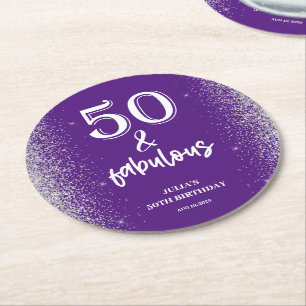 Dessous-de-verre Rond En Papier Parties scintillant d'argent violet 50e fête d'ann
