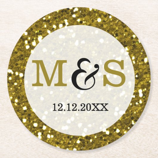 Dessous-de-verre Rond En Papier Parties scintillant or tendance Monogramme Mariage (Devant)