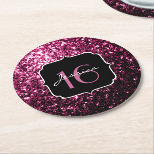 Dessous-de-verre Rond En Papier Parties scintillant rose foncé brillant étincelant
