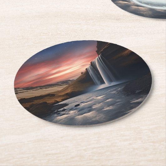 Dessous-de-verre Rond En Papier Paysage de la cascade en Islande (Incliné)