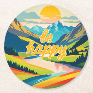 Dessous-de-verre Rond En Papier Paysage de la montagne Retro