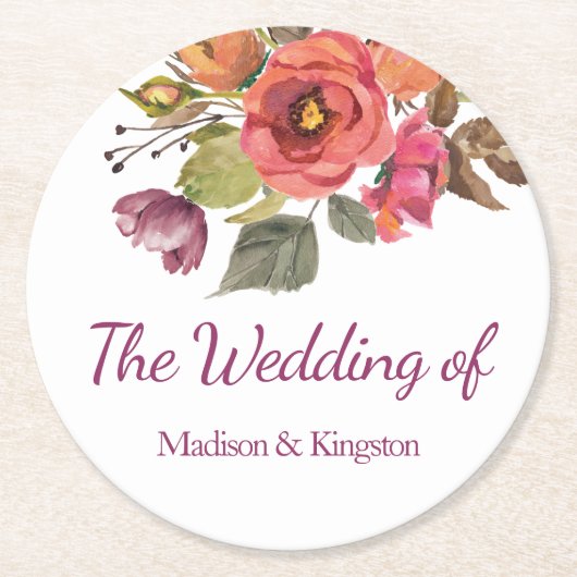 Dessous-de-verre Rond En Papier Peach Fall Mariage floral élégant (Devant)