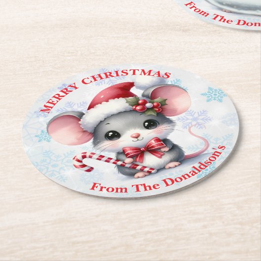 Dessous-de-verre Rond En Papier Personalize Christmas Mouse with Family Name (Incliné)