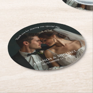Dessous-de-verre Rond En Papier Personalized Photo Favor with Names & Wedding Date