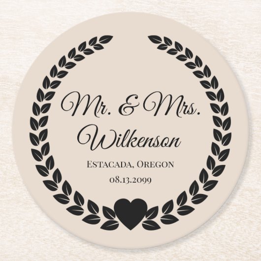 Dessous-de-verre Rond En Papier Personnalisé Mr & Mrs Bride et Groom Newlyted (Devant)