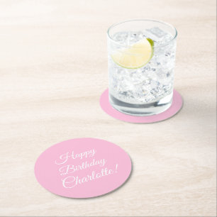 Dessous-de-verre Rond En Papier Personnaliser avec nom, Joyeux Anniversaire, rose