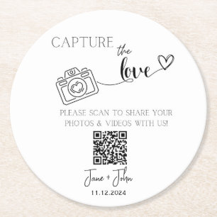Dessous-de-verre Rond En Papier Photo de mariage personnalisée Code QR Signer Capt