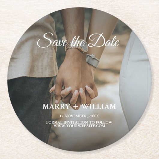 Dessous-de-verre Rond En Papier Photo Enregistrer La Date Mariage Élégant (Devant)