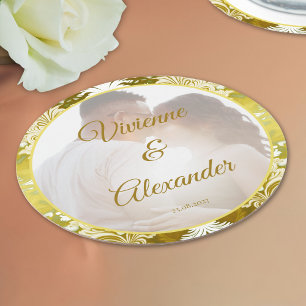 Dessous-de-verre Rond En Papier Photo Retro Gold Green Mariage damassé