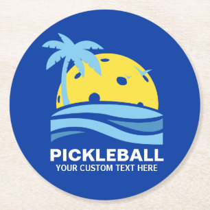 Dessous-de-verre Rond En Papier Pickleball Tropical Palm Tree Sun Votre texte pers