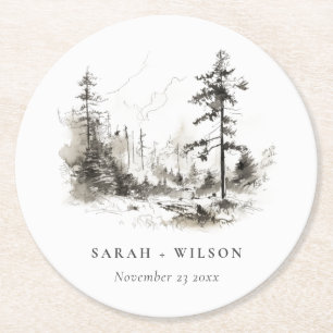 Dessous-de-verre Rond En Papier Pine Woods Mountain Paysage Mariage de croquis
