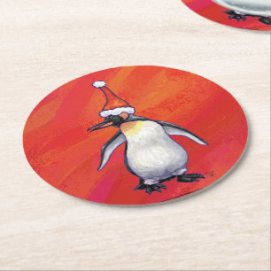 Dessous-de-verre Rond En Papier Pingouin à Santa Hat en rouge