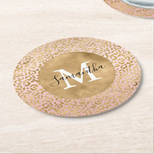 Dessous-de-verre Rond En Papier Pink Blush Gold Empreinte de léopard Glitz Sparkle