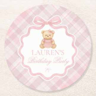 Dessous-de-verre Rond En Papier Pink Coquette Bow Bear Plaid Birthday 