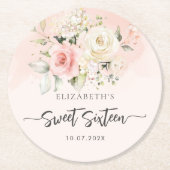 Dessous-de-verre Rond En Papier Pink Floral Script Sweet 16 fête d'anniversaire (Devant)