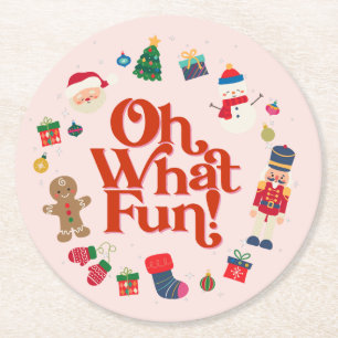 Dessous-de-verre Rond En Papier Pink Oh What Fun Christmas Party Dessous de verre